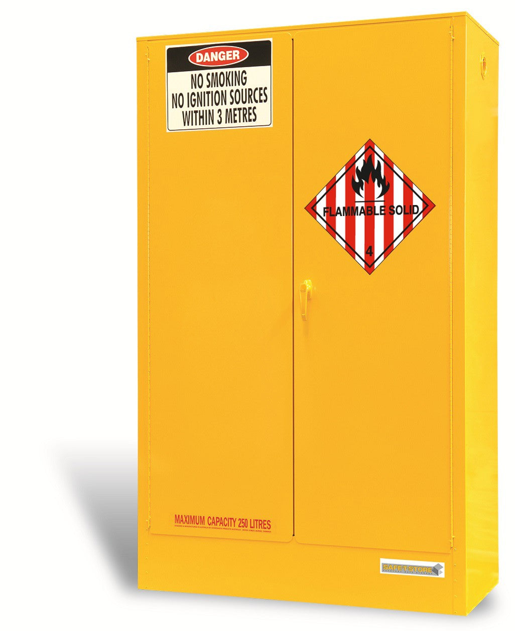 Yellow flammable solids storage cabinet with a hazardous warning label and reflective detailing.