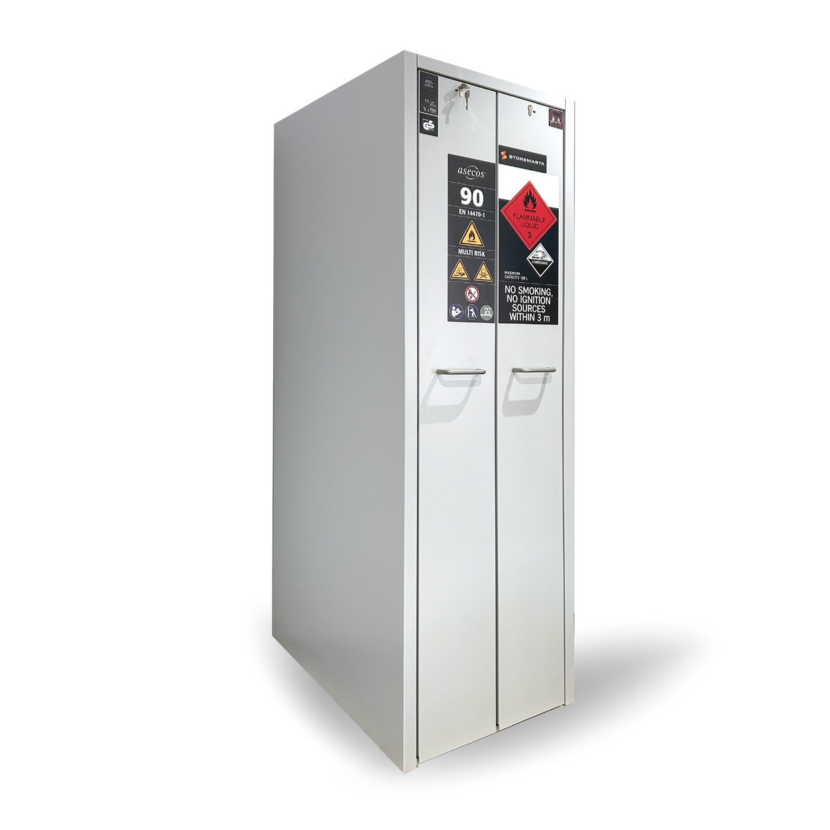 HI-LINE vertical drawer cabinet, angled view showing side panel and dangerous goods signage