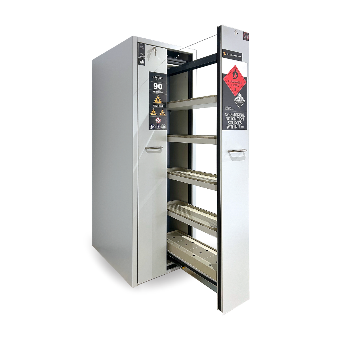 HI-LINE vertical drawer cabinet with one pull-out drawer fully extended, showing shelves