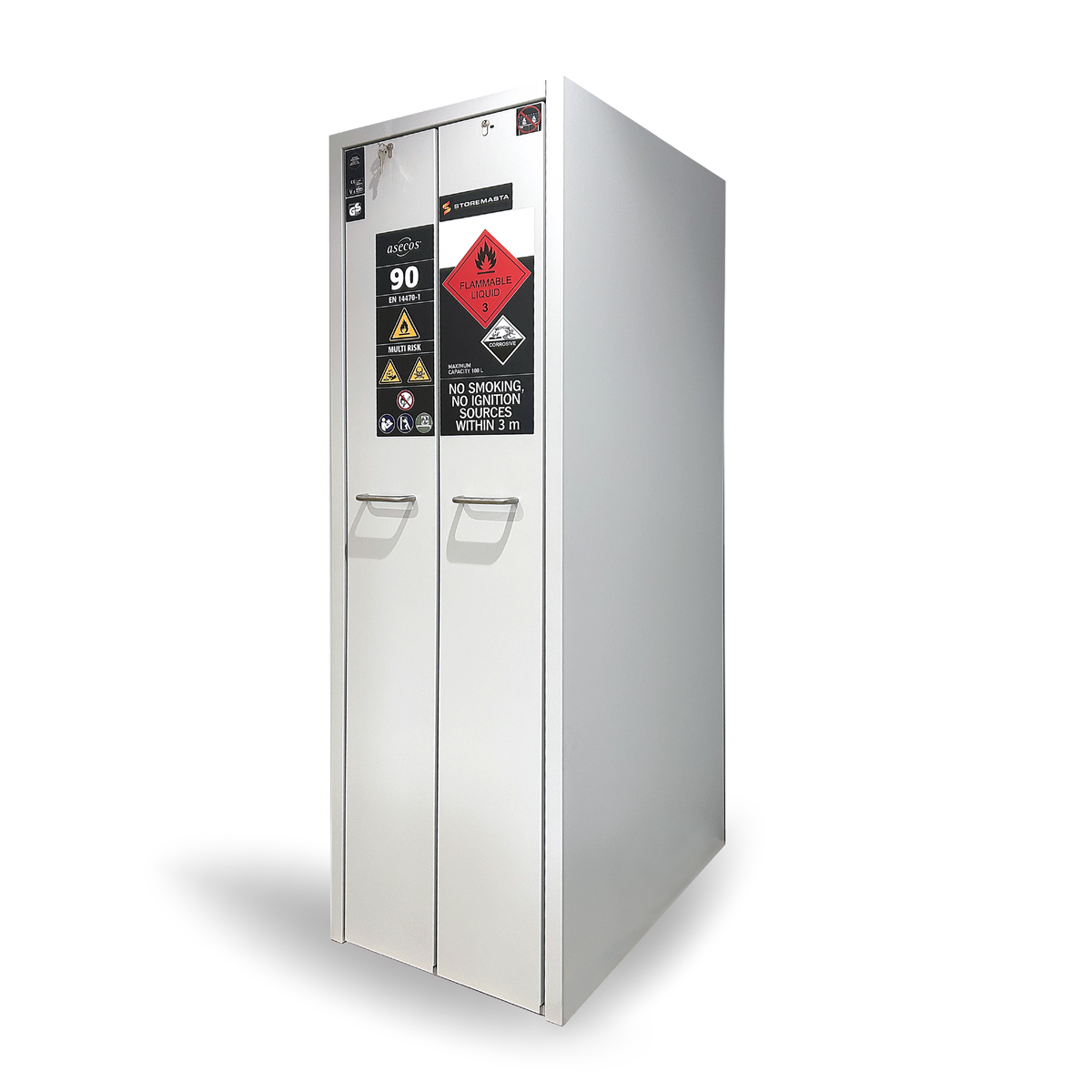 HI-LINE vertical drawer cabinet, angled view from the left with doors closed