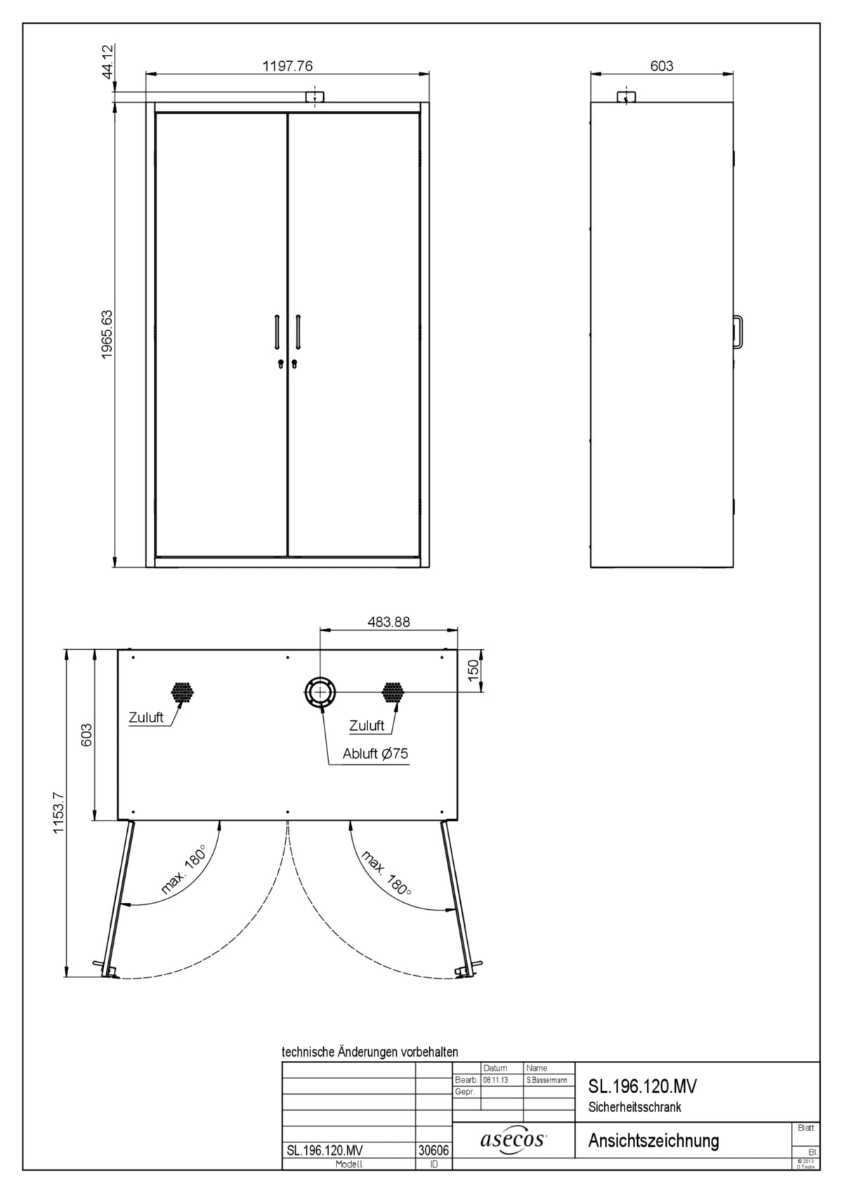 Dimension drawing of the HI-LINE SL-LINE acid and alkali storage cabinet SL.196.120.MV, three views