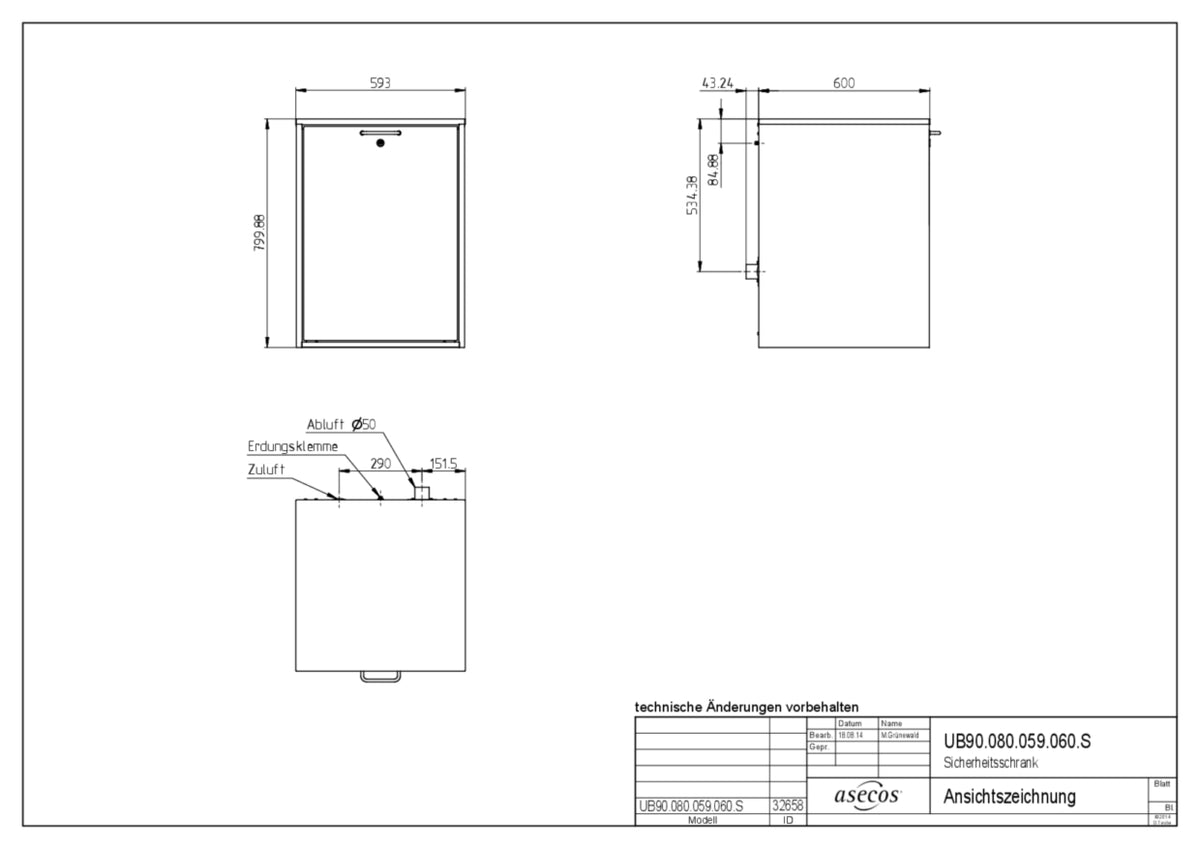Dimension drawing of the HI-LINE UB-LINE under-bench cabinet UB90.080.059.060.S, three views